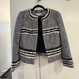 Tory Burch Rosemary Blue White Boucle Fringe Trim Jacket